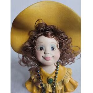 Girl Dressing Up Hand painted Ceramic Brown Curly Locks Beads Gold Dress Hat